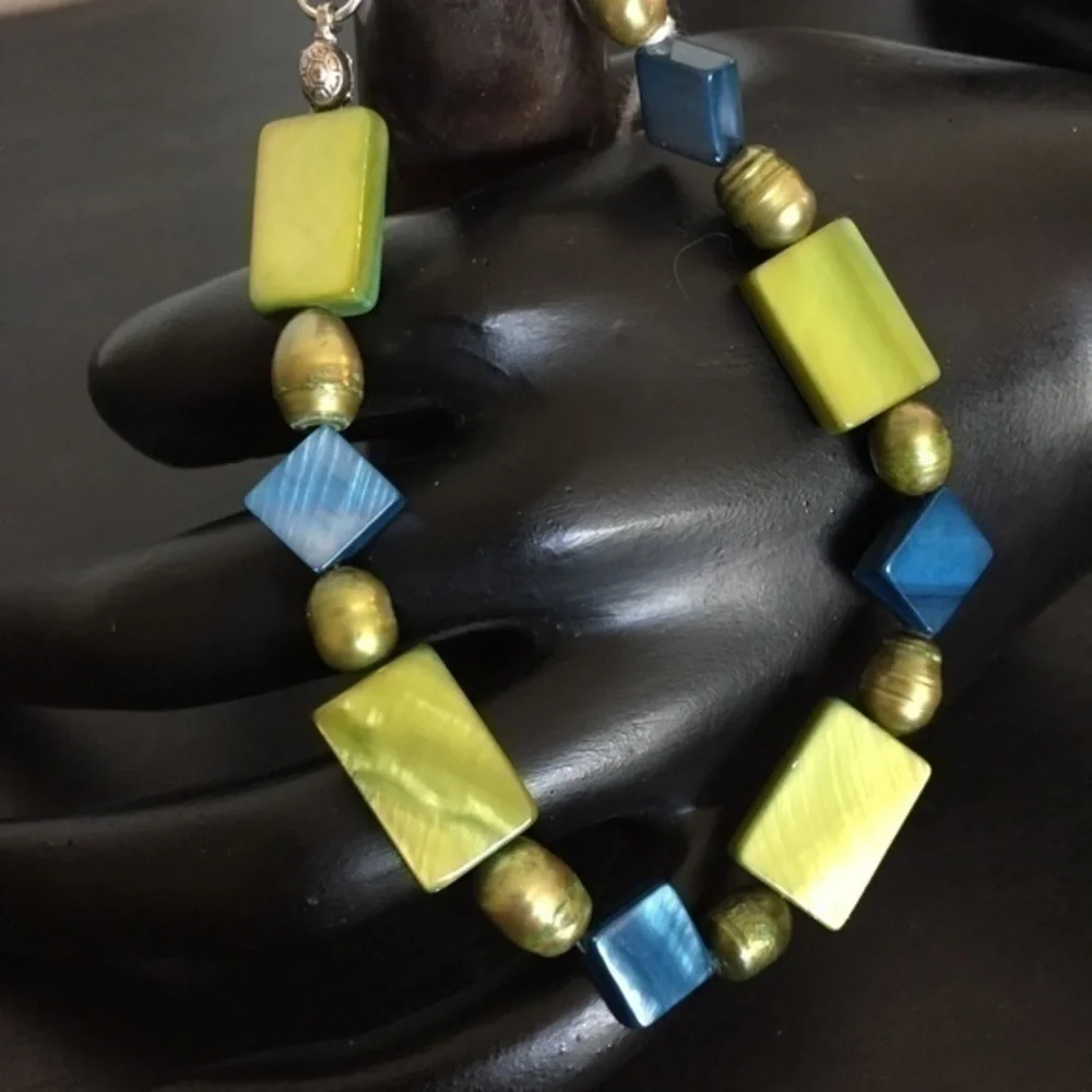 $49 SALE Handmade Green & Blue Geometric Bracelet Pearl Shell 8” Coastal Gift